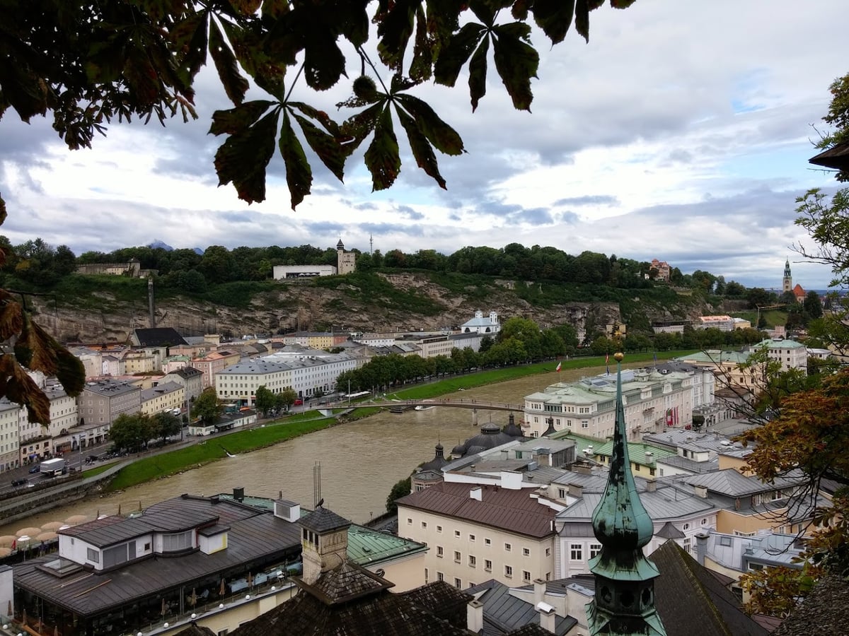 Vista panorámica de Salzburgo junto al río Salzach, con la ciudad rodeada de montañas.
