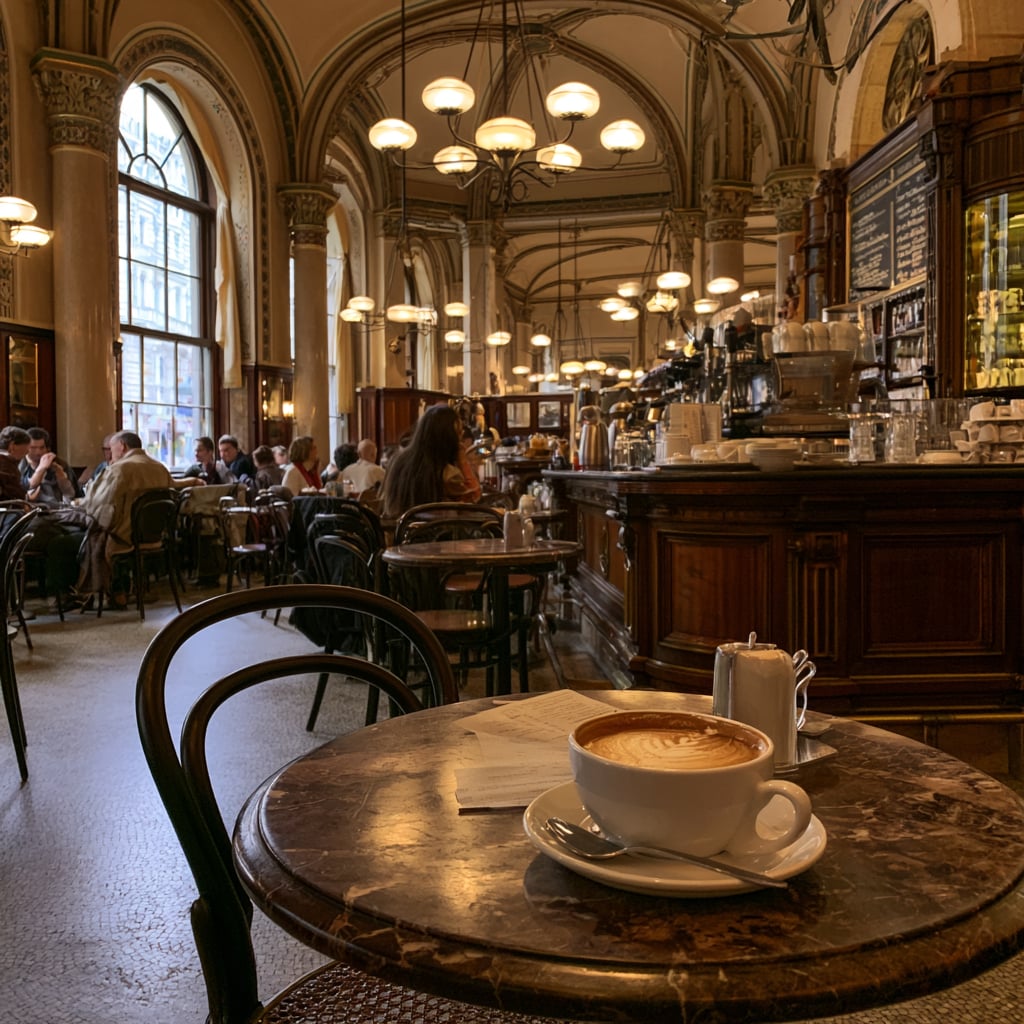 Interior de un Kaffeehaus vienés clásico, con techos abovedados, arañas de luces y una taza de café sobre una mesa de mármol en primer plano.