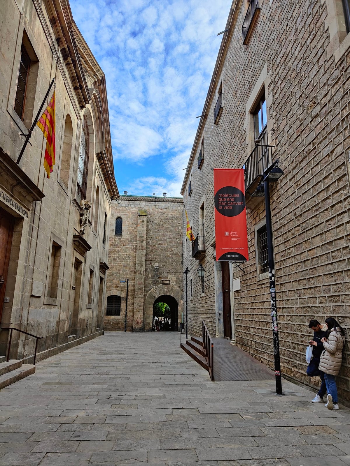 Calle estrecha del Barrio Gótico con edificios de piedra