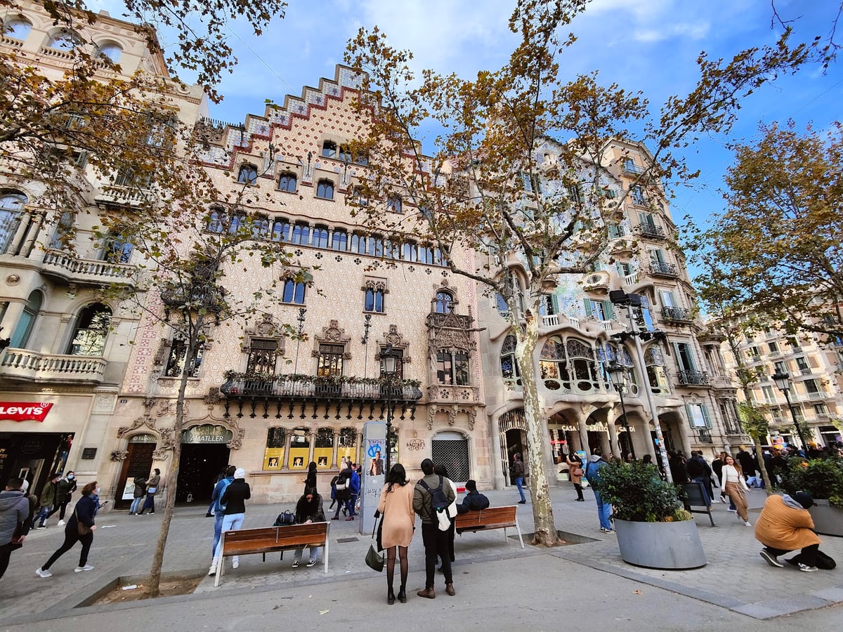 Fachada histórica en una plaza arbolada