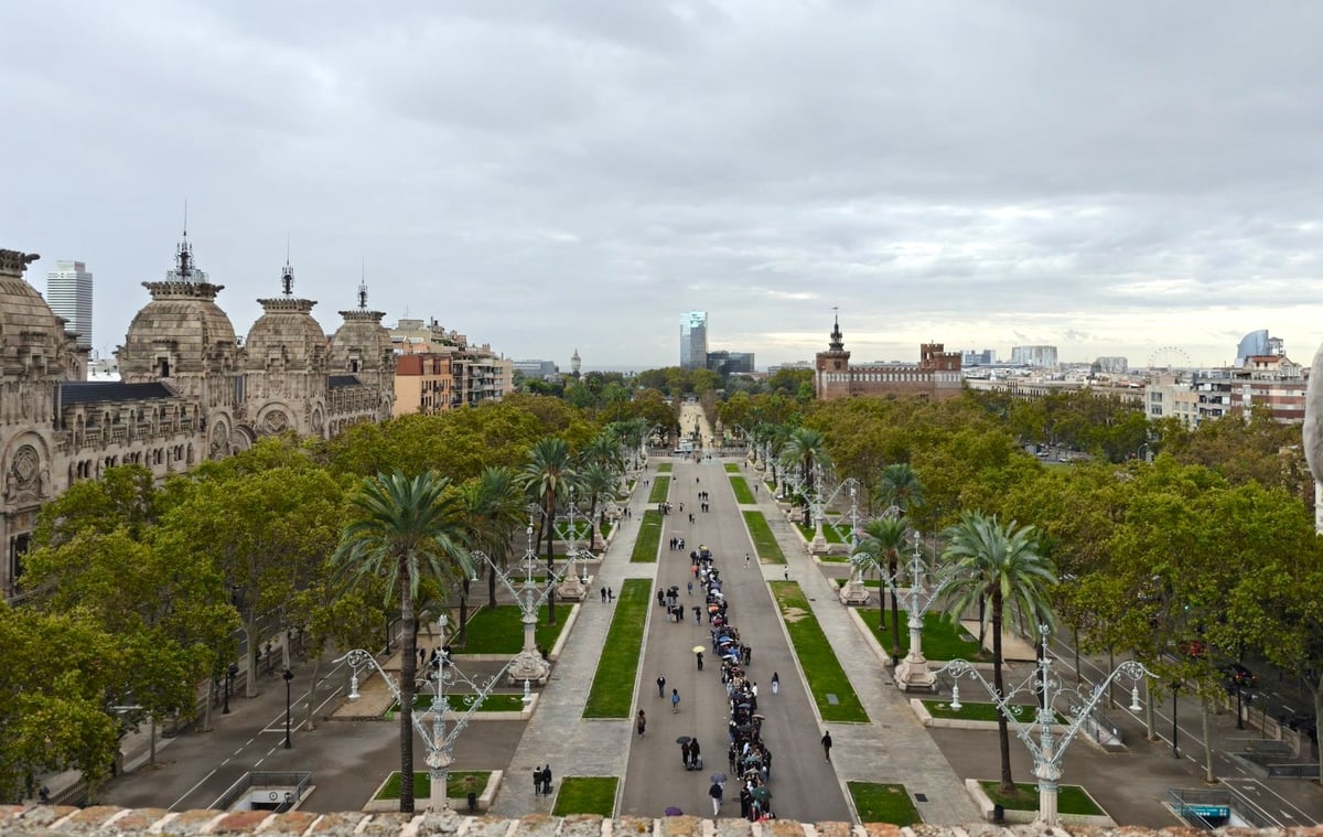 El paseo de Lluís Companys visto desde lo alto del Arco de Triunfo, con las palmeras y farolas modernistas y el Castell dels Tres Dragons al fondo