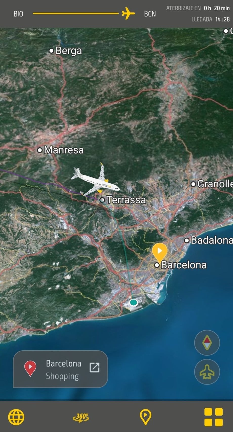 Captura de pantalla del mapa de vuelo de la wifi de Vueling: el avión sobre Terrassa, a veinte minutos de aterrizar en Barcelona, con llegada prevista a las 14:28.