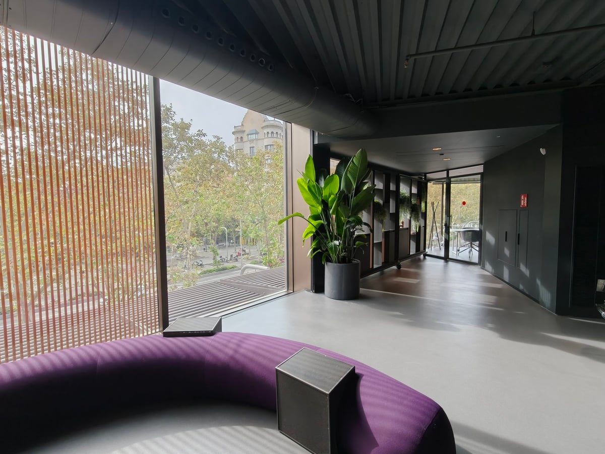 Sala de Casa SEAT con un gran ventanal, un sofá curvo morado y una planta junto al cristal, con los árboles de la calle al fondo.