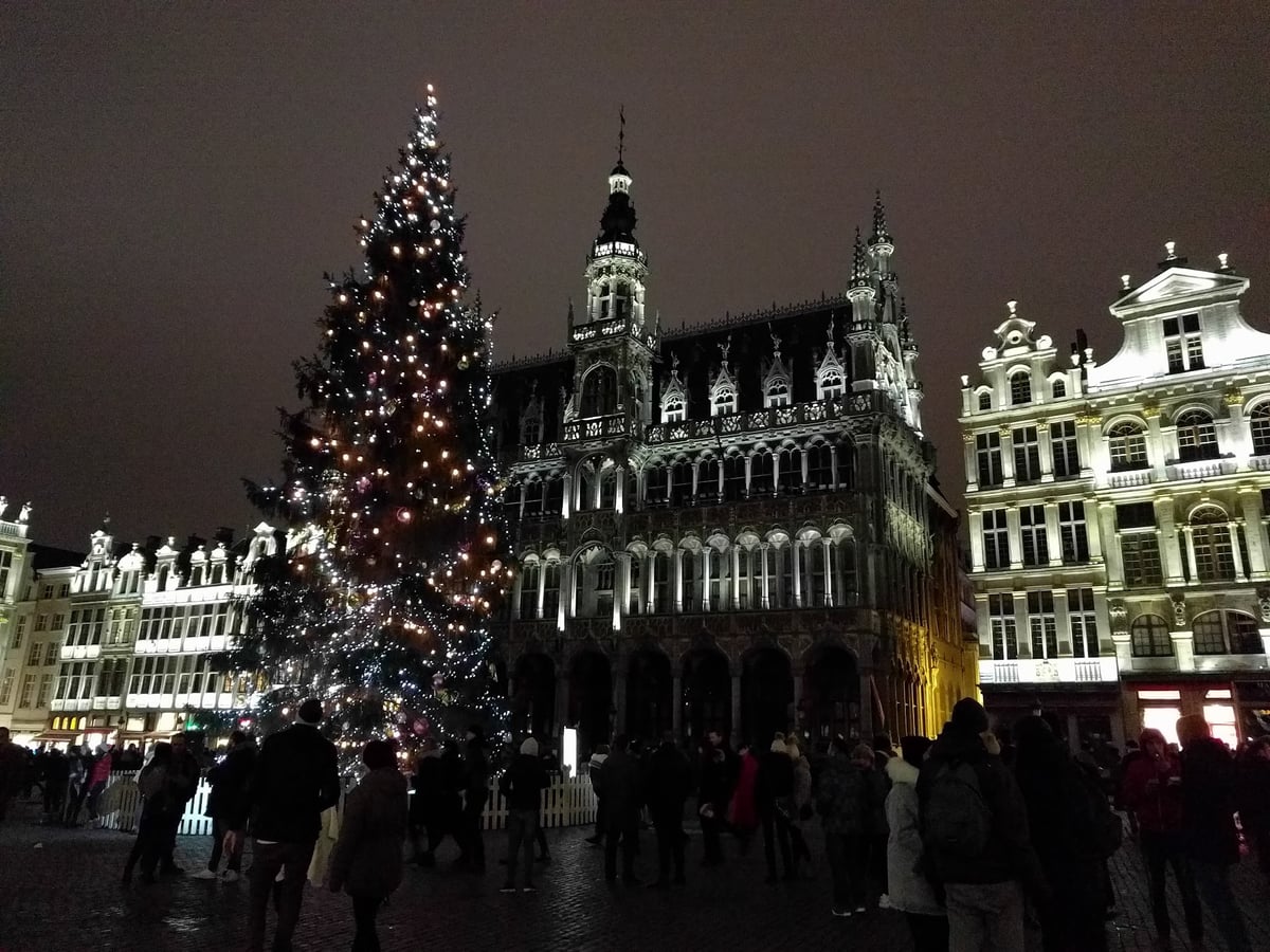 Fachadas barrocas de la Grand Place de Bruselas iluminadas durante el espectáculo nocturno de luz