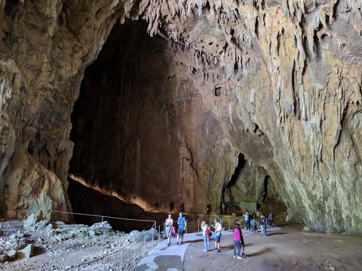 Boca de salida de las Cuevas de Škocjan, la cavidad original por la que bajaron los primeros exploradores, con la luz entrando por la enorme cavidad y la vegetación colgando de los bordes de la roca.