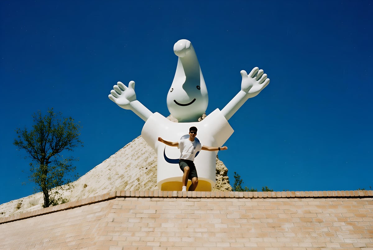Un joven posa con los brazos abiertos imitando la pose de Gil, la mascota de la Expo 98 de Lisboa: una figura blanca gigante con forma de gota de agua sonriente, recortada contra un cielo azul intenso.