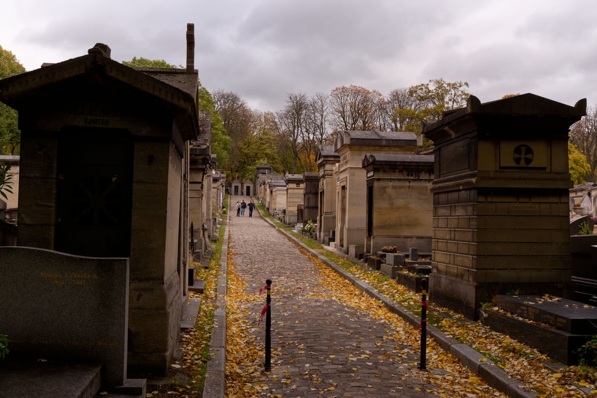 Vista de un camino en un cementerio histórico flanqueado por tumbas en un día nublado de otoño.
