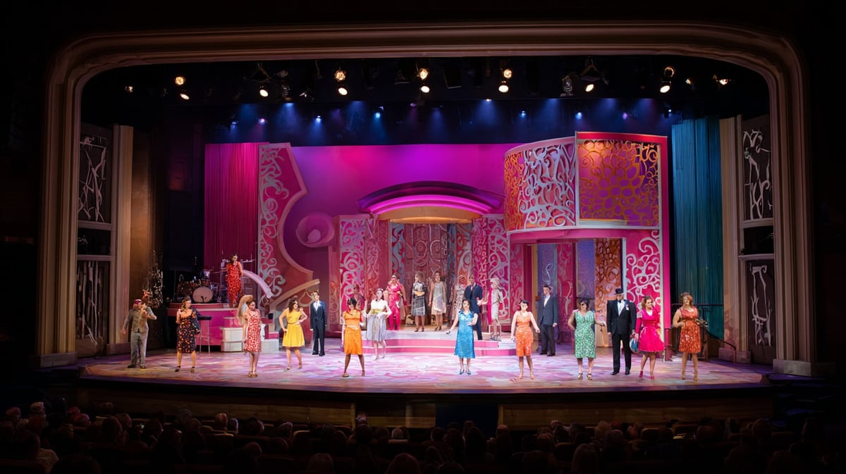 Todo el reparto de Hairspray alineado en el escenario para el saludo final, con vestidos de colores de los años sesenta, ante un decorado rosa de volutas caladas y el público de espaldas en primer plano.