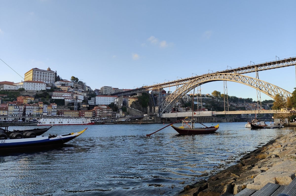 El Duero a su paso por Oporto con las dos orillas, el puente Luis I al fondo y varias embarcaciones cruzando el río bajo un cielo despejado.
