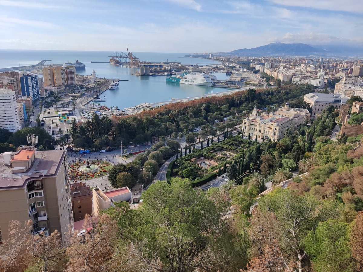 Vista de Málaga desde lo alto, con el parque y sus palmeras cruzando la imagen, el ayuntamiento entre los árboles, el puerto con un ferry atracado y las grúas y el mar cerrando el horizonte.