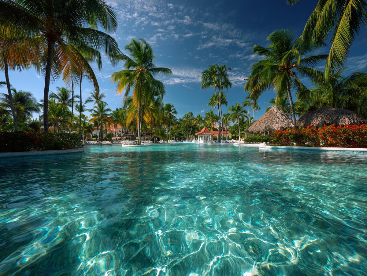 La piscina de un resort del Caribe fotografiada casi a ras del agua, con el fondo turquesa clarísimo, palmeras inclinadas alrededor, sombrillas de paja y setos de flores rojas bajo un cielo intenso.