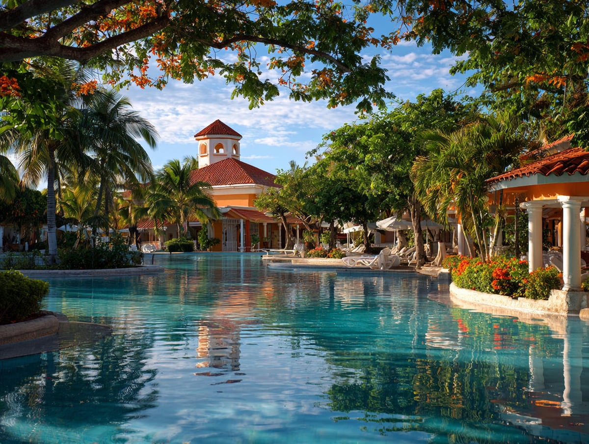 Piscina de un complejo turístico rodeada de jardines y palmeras.