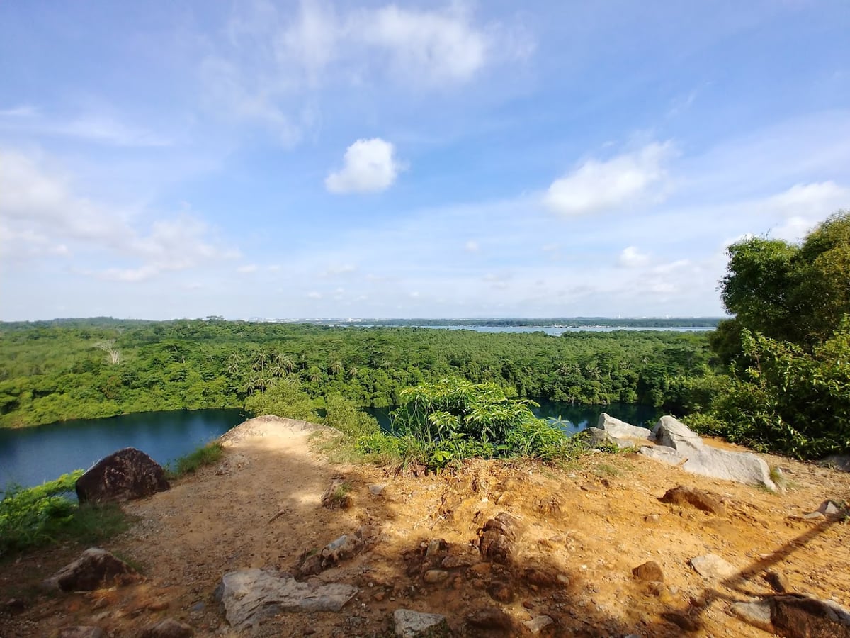 Paisaje natural de Pulau Ubin, Singapur, con senderos, bosque y costa