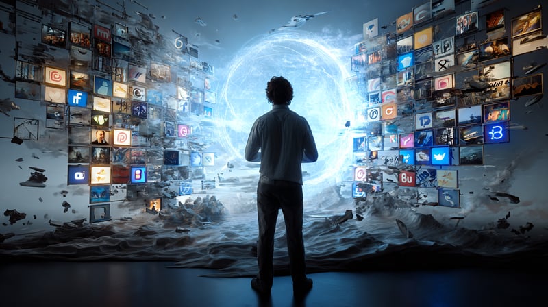 Hombre de espaldas mirando una pantalla con logotipos de redes sociales