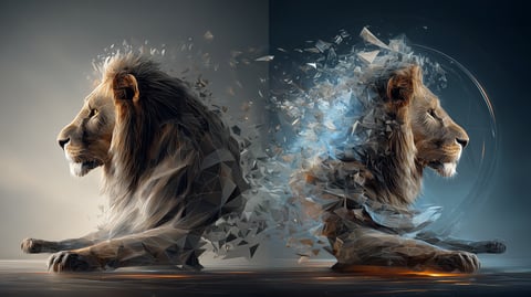 Imagen digital de un león, de frente y de perfil