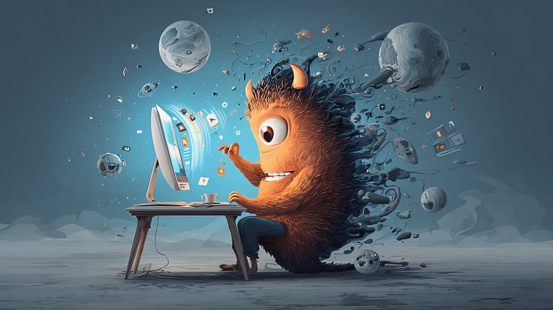 Pequeño dibujo animado con forma de monstruo, delante de un ordenador