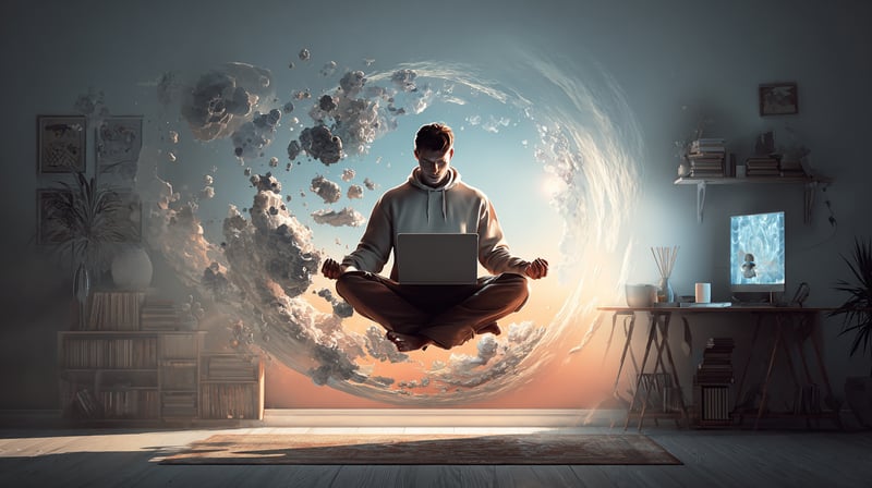 Hombre levitando en mitad de la habitación mientras usa su ordenador portátil