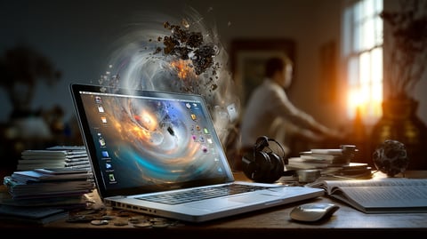 Una mesa de trabajo ordenada con un portátil, archivos de texto plano en pantalla y ningún panel de administración a la vista