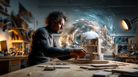 Un artesano ensamblando una maqueta arquitectónica pequeña a partir de piezas planas sobre un banco de trabajo de madera, estructura terminada visible al fondo, luz cálida de taller, estilo fotográfico editorial