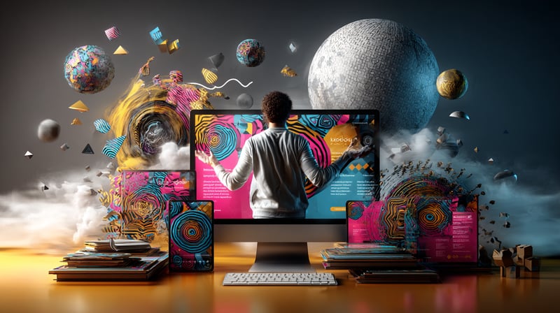Pantalla de ordenador mostrando un diseño web con estética Memphis, colores saturados y patrones geométricos
