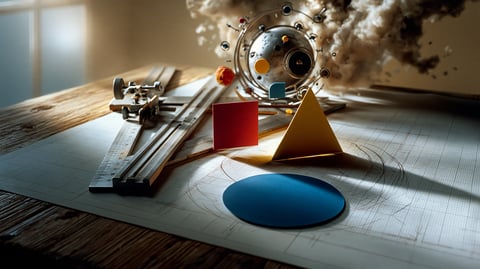 Escuadra, cartabón y papel cuadriculado sobre una mesa de dibujo, junto a formas geométricas de colores primarios ordenadas en retícula, estilo Bauhaus
