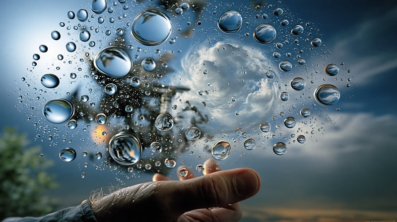 Gotas de agua sobre una superficie de cristal translúcido con un cielo azul y nubes reflejadas, estética Frutiger Aero