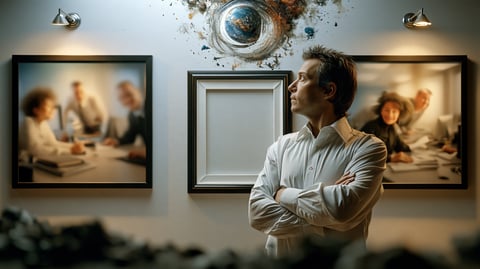 Marco de fotos vacío colgado en una pared junto a otros marcos con fotografías genéricas de archivo