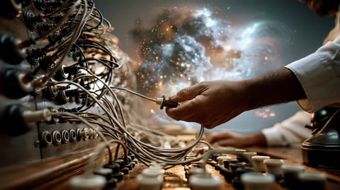 Un empleado de centralita telefónica de los años 50 conectando llamadas manualmente entre dos líneas
