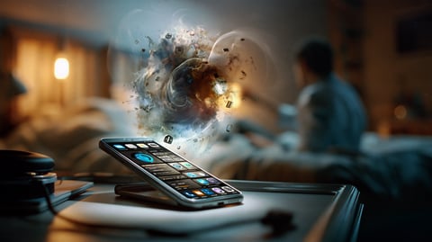 Un smartphone con la pantalla en modo oscuro sobre una mesilla de noche, en una habitación apenas iluminada
