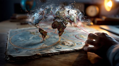 Un mapa mundial antiguo con varias rutas de correo trazadas entre ciudades distintas, convergiendo desde múltiples puntos