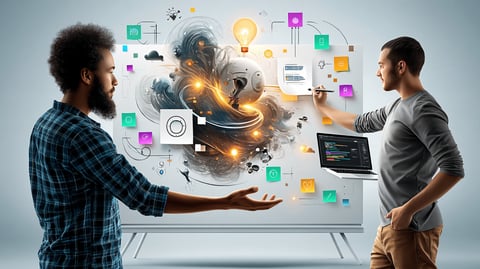 Una persona y un desarrollador ante una pizarra con ideas sueltas que se van ordenando en un esquema