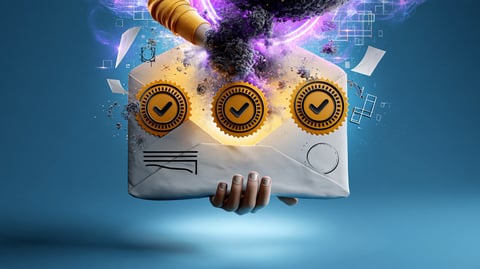 Un sobre de correo con tres sellos de verificación alineados en una fila