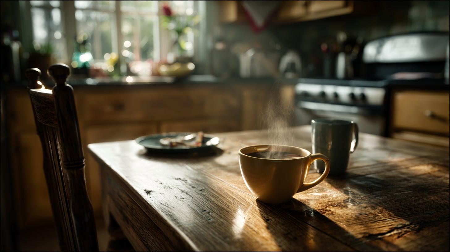 Mesa de cocina con dos tazas de café: una recién servida y humeante, intacta; la otra vacía y fría, olvidada. La silla de enfrente, vacía. Luz de mañana entrando por la ventana.