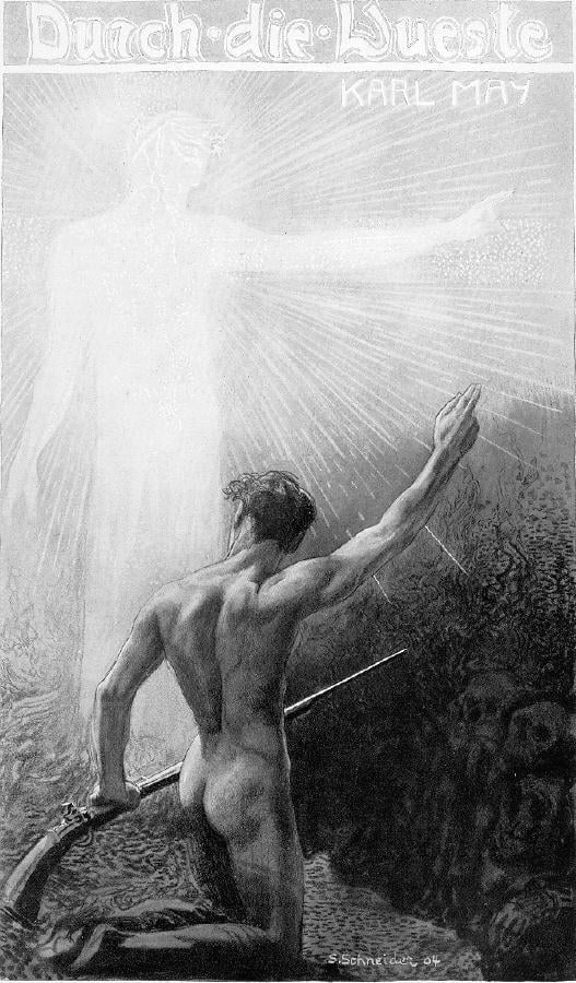 Portada alegórica de Durch die Wüste con una figura masculina desnuda de anatomía monumental en pose de tragedia griega, sin relación literal con el argumento del libro