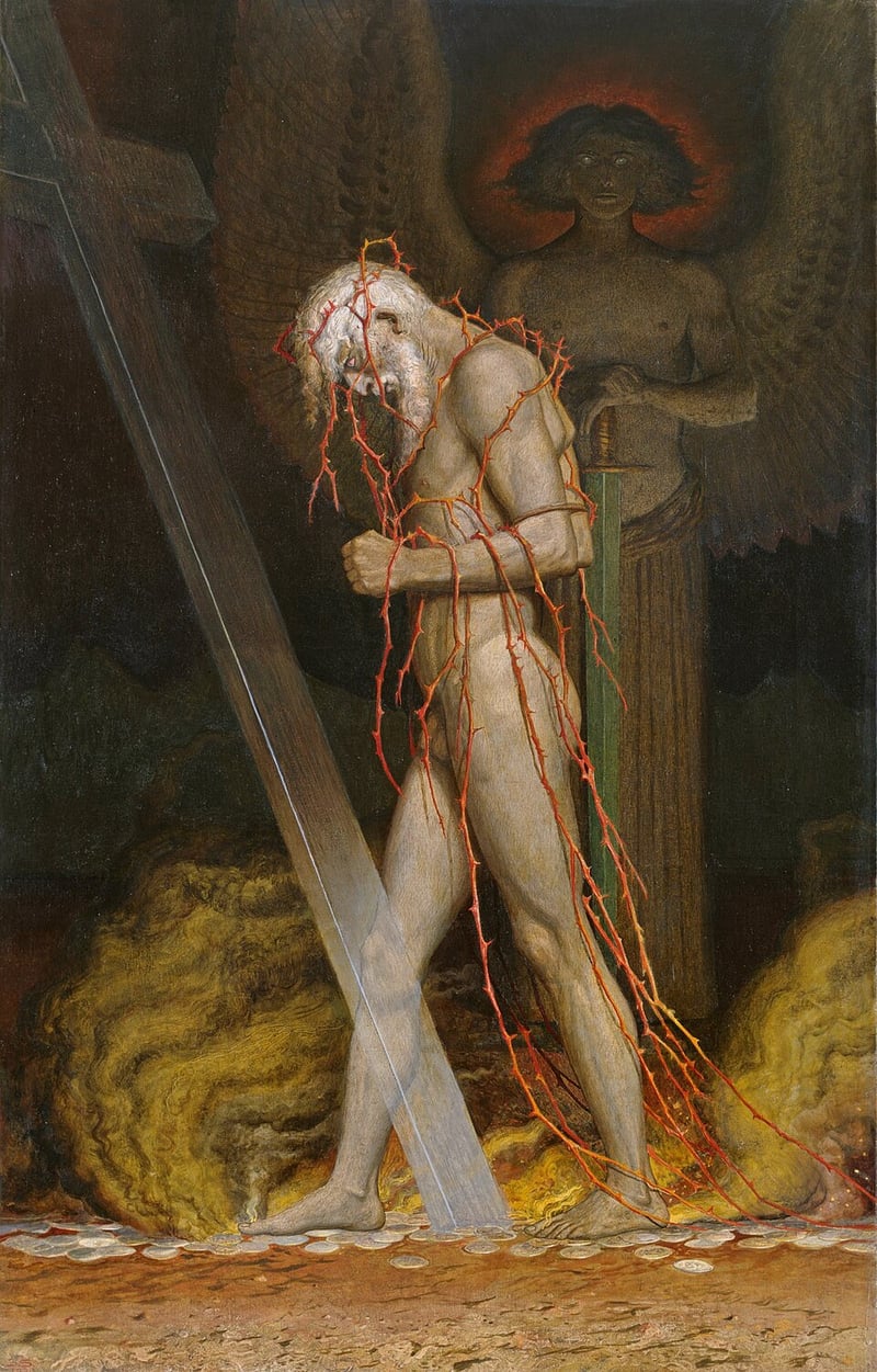 Cuadro simbolista de Judas Iscariote, figura masculina desnuda en pose atormentada, pintado el mismo año en que su pareja le amenazó con delatarlo