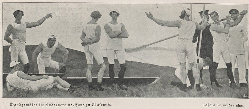 Mural con figuras masculinas desnudas de anatomía monumental en un ambiente atlético, pintado para la casa del club de remo de Blasewitz