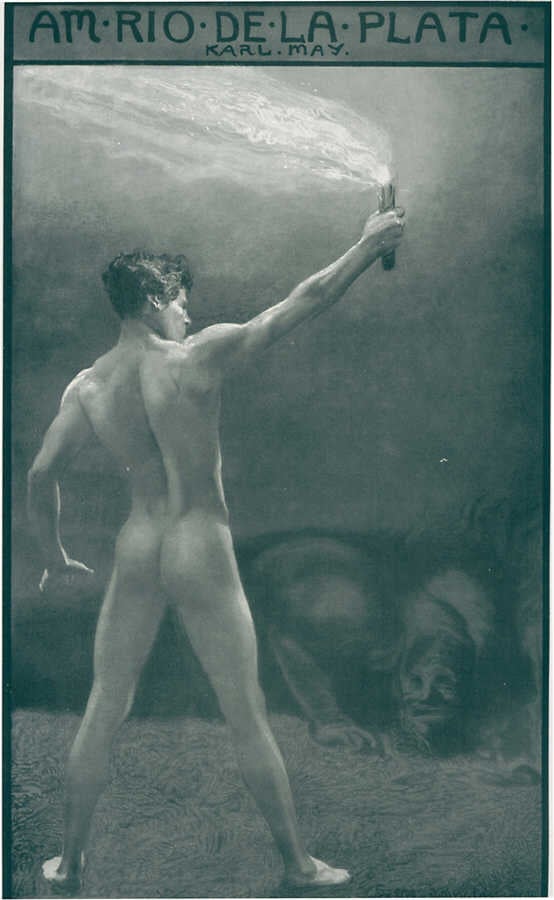 Portada alegórica de Am Rio de la Plata con una figura masculina desnuda monumental en pose simbolista sobre fondo vacío