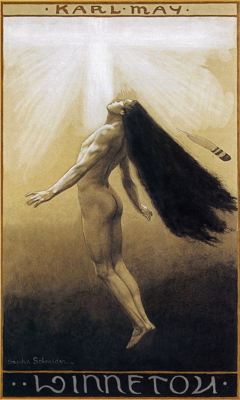 Portada alegórica de Winnetou con una figura masculina desnuda monumental en pose simbolista, sin caballo ni vestimenta de indio pese a ilustrar la novela más famosa de Karl May