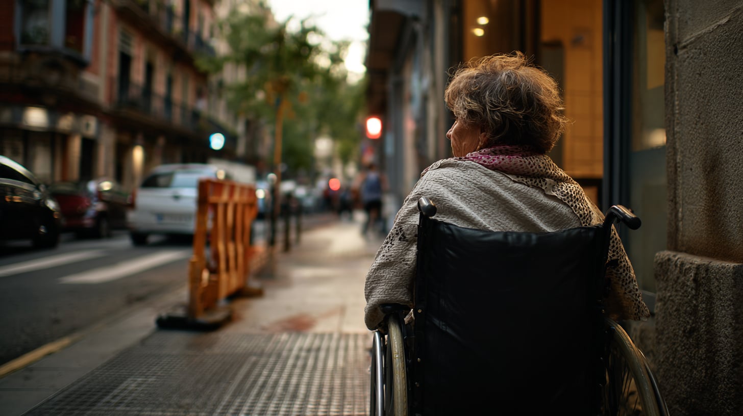 Vista desde atrás de una persona empujando a una mujer mayor en silla de ruedas por una acera urbana estrecha, una furgoneta de reparto bloqueando parcialmente el rebaje de la esquina, luz de mañana suave, arquitectura europea