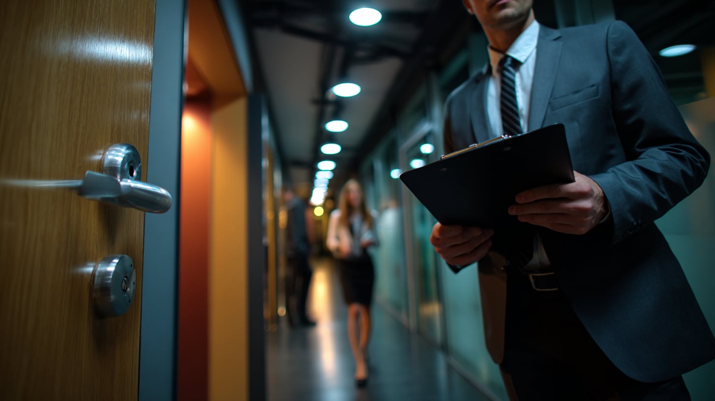 Puerta de oficina entreabierta con un comercial al fondo en un pasillo corporativo vacío, luz fría de neón