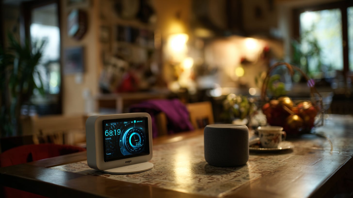 Altavoz inteligente Amazon Echo sobre una mesa, pantalla encendida mostrando un reloj digital, luz ambiental cálida