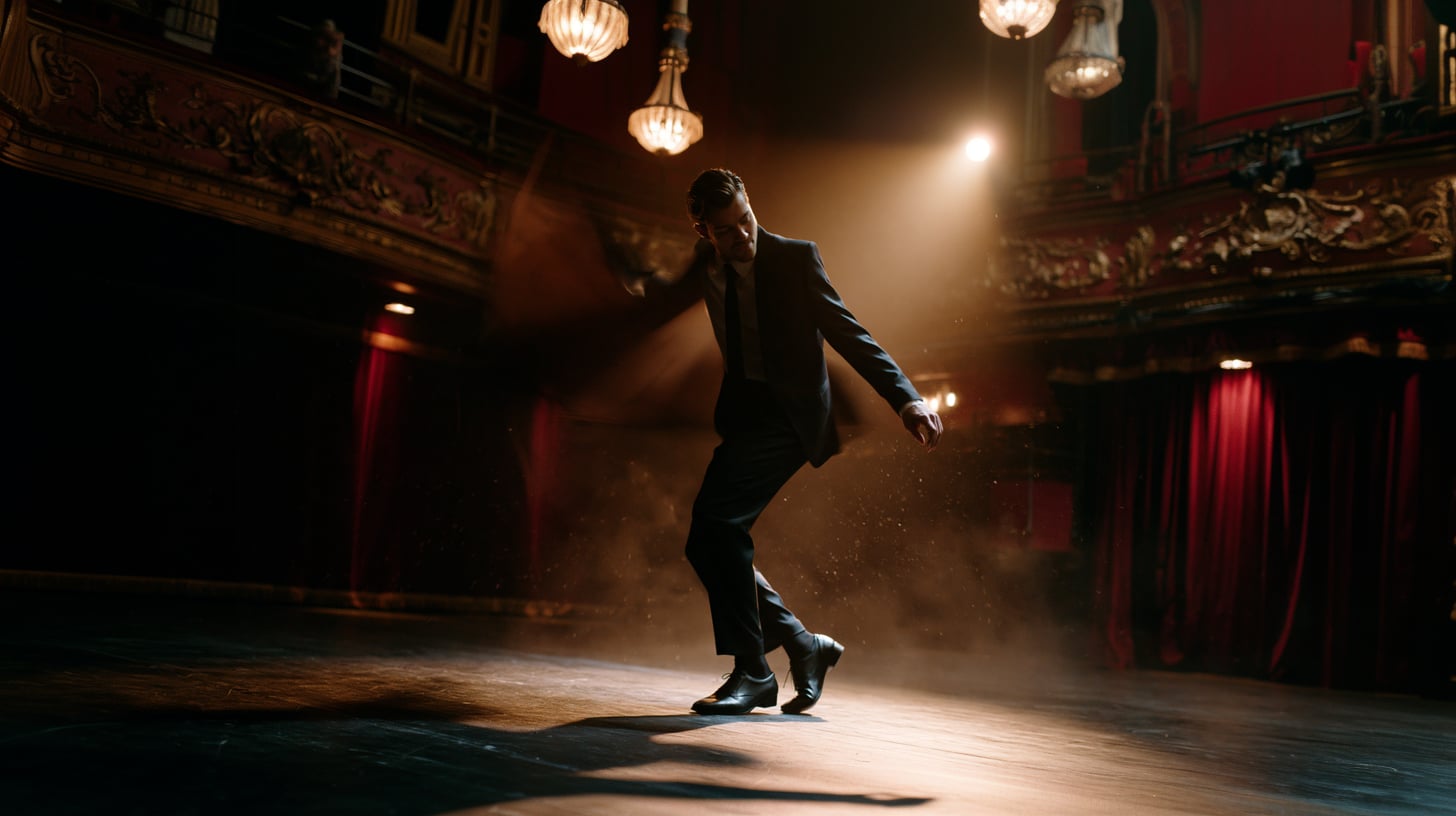 Bailarín en silueta bajo un foco de luz en un escenario de teatro vacío, con ambiente de época de los años sesenta