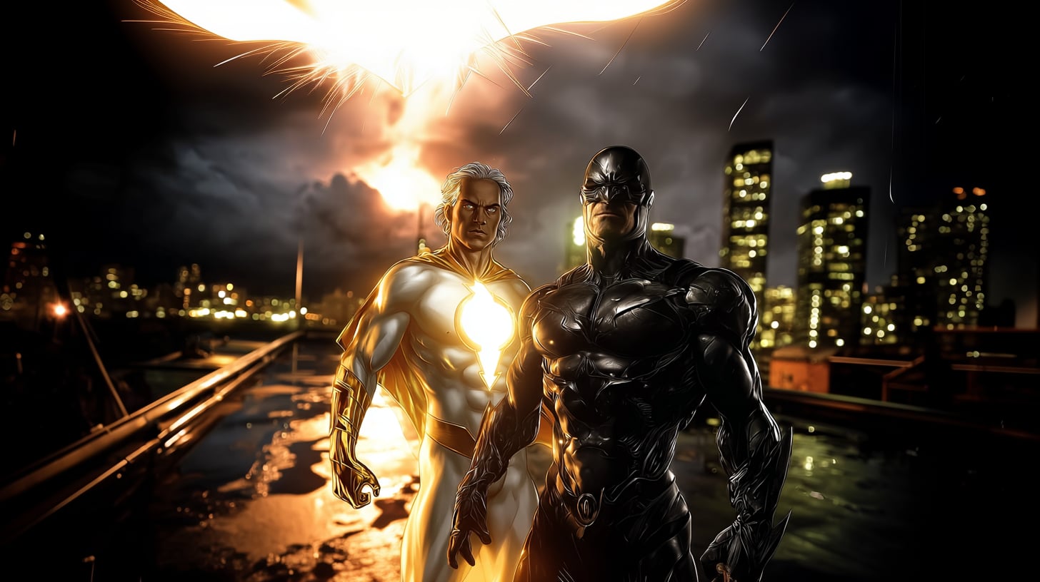 Dos superhéroes masculinos lado a lado sobre una azotea bajo la lluvia nocturna, uno radiante en blanco y dorado emanando energía solar, el otro en armadura táctica negra con máscara, skyline devastado al fondo, iluminación cinemática dramática