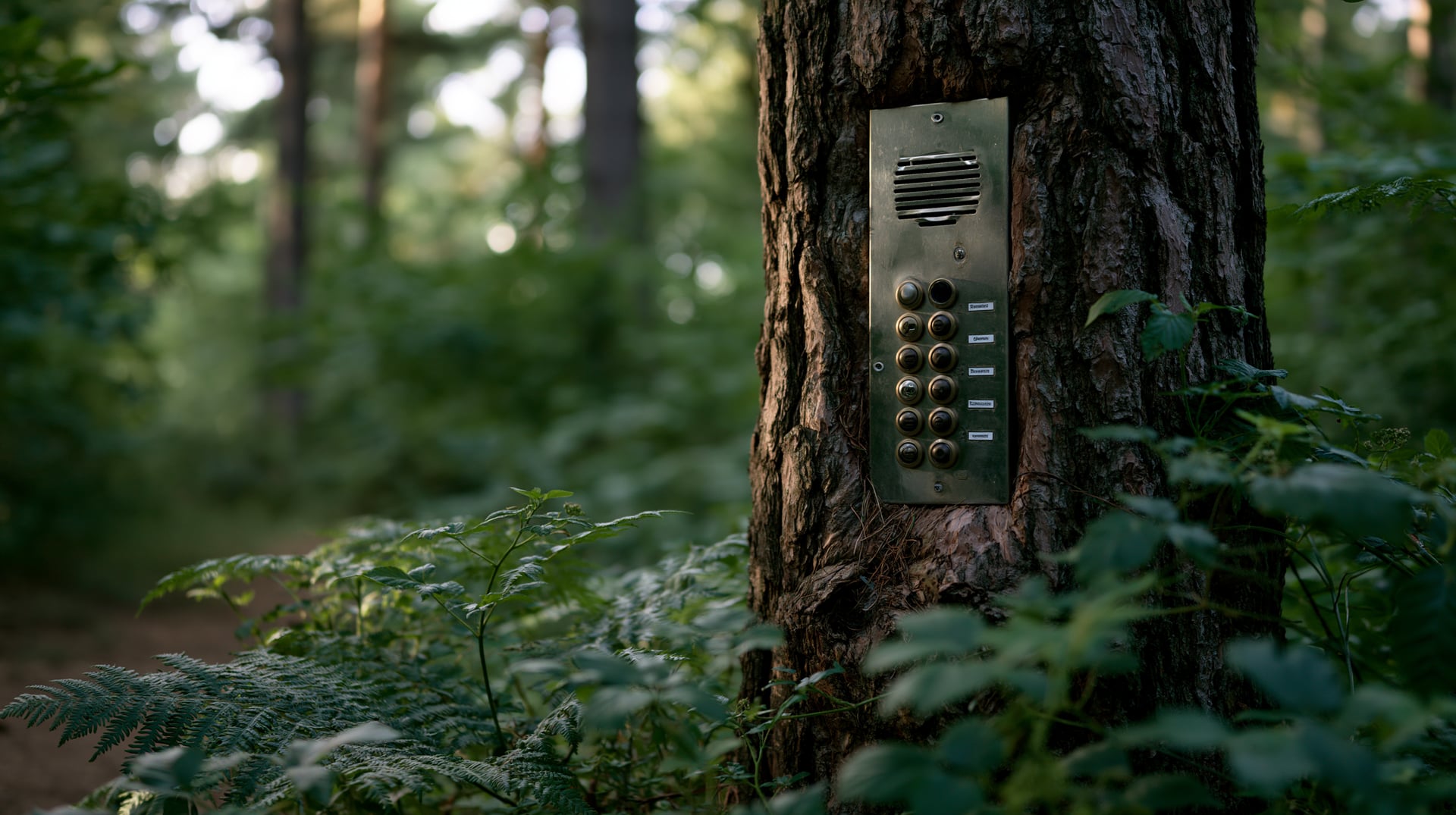 Tronco de un árbol en mitad de un bosque con un panel de portero automático de portal incrustado en la corteza
