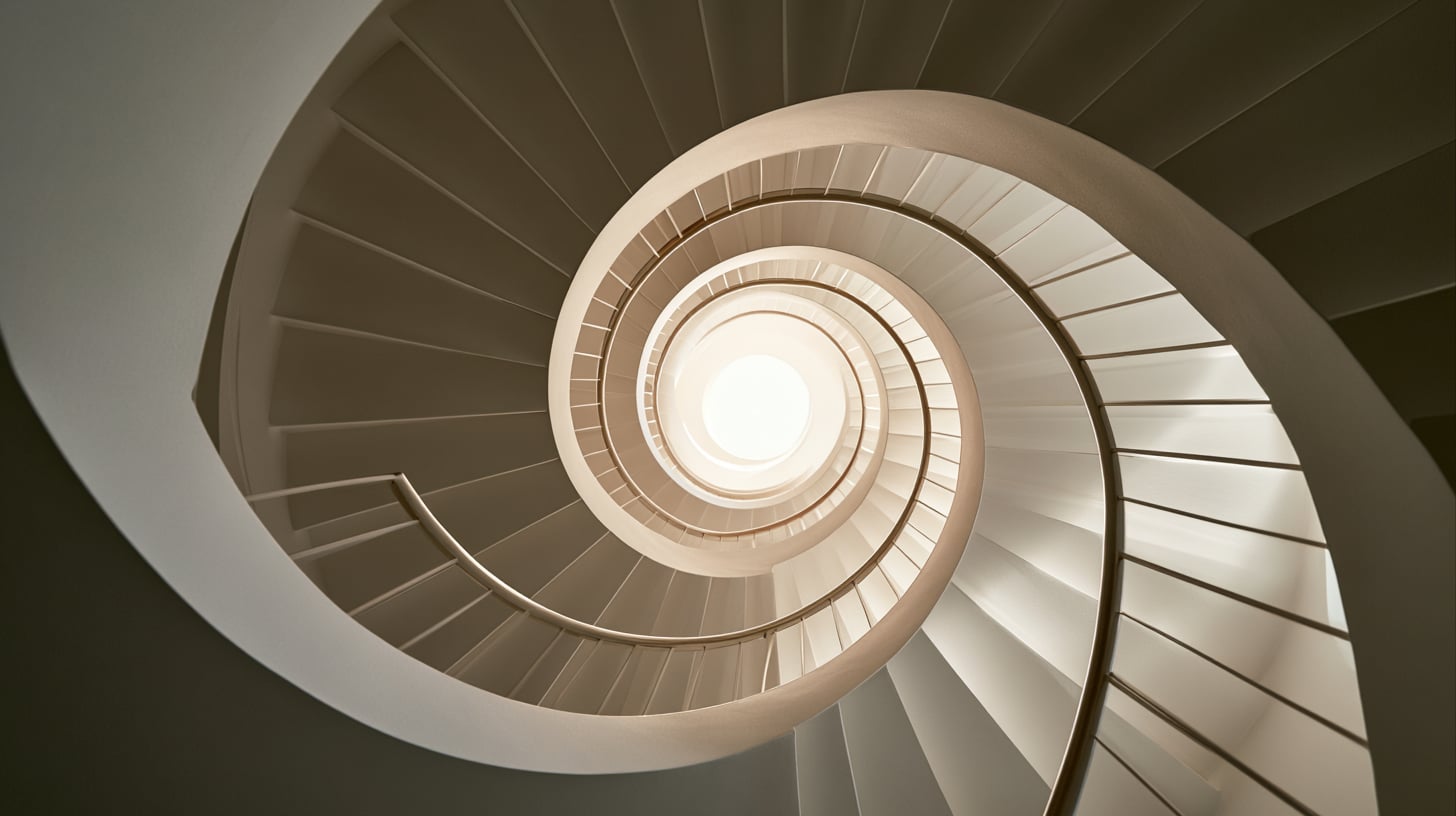 Interior geométrico de un edificio contemporáneo con escalera de caracol iluminada desde arriba