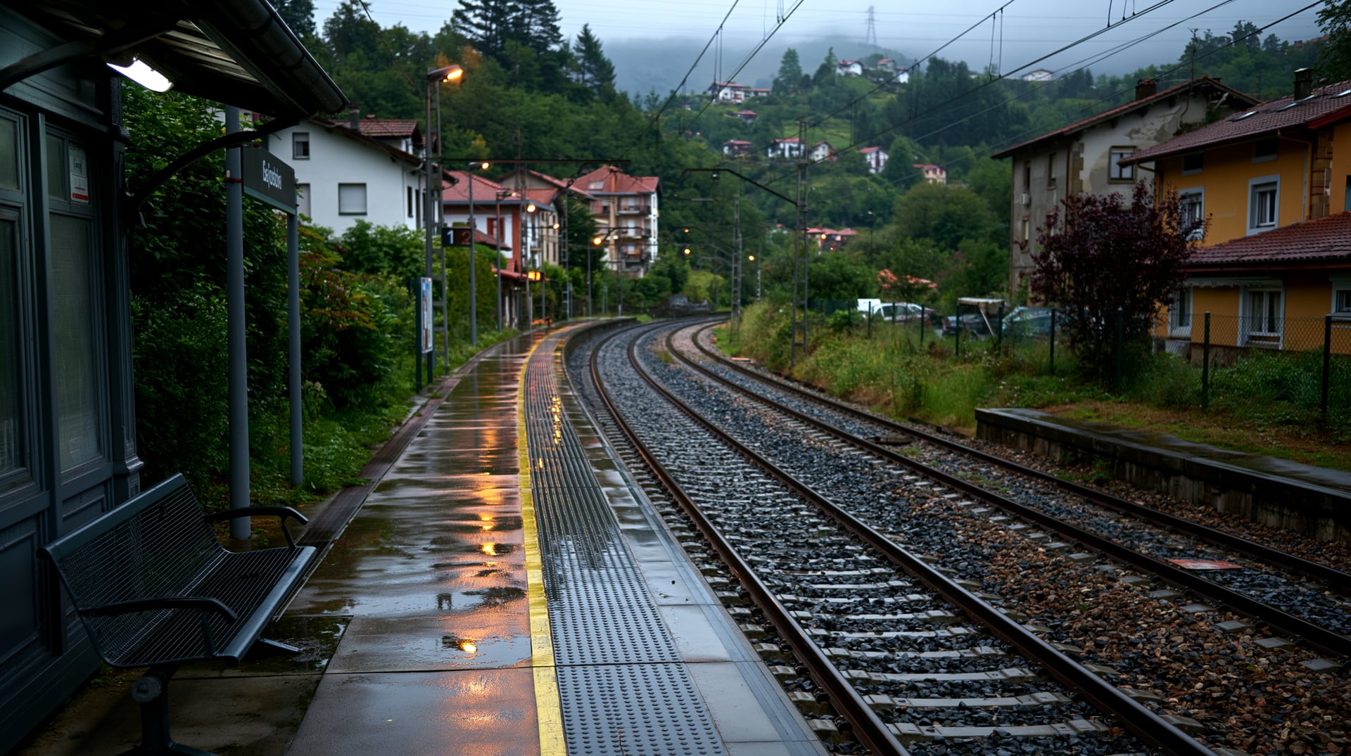 Andén de una pequeña estación de tren de cercanías en un valle verde de Bizkaia, sin nadie esperando