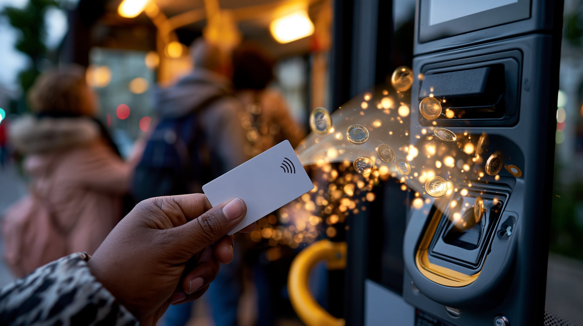 Mano acercando una tarjeta contactless blanca al lector de un autobús, con dos personas subiendo juntas al fondo