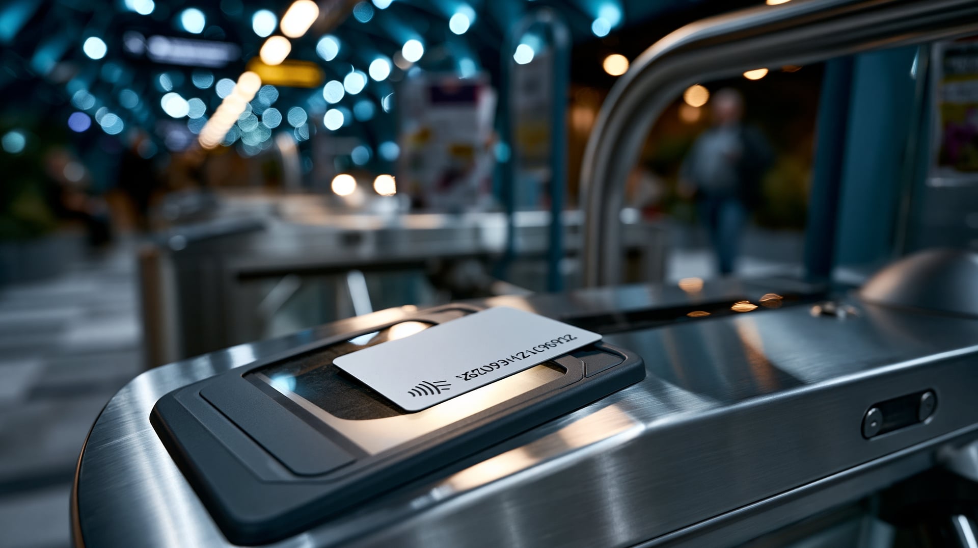 Tarjeta contactless de transporte apoyada sobre el lector de un torno de metro, con la fecha de caducidad iluminada en la pantalla