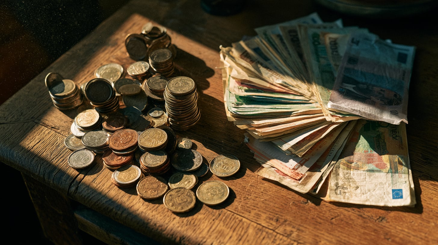 Billetes de varios países extendidos sobre una mesa de madera junto a un montón de monedas sueltas, iluminados por luz de tarde