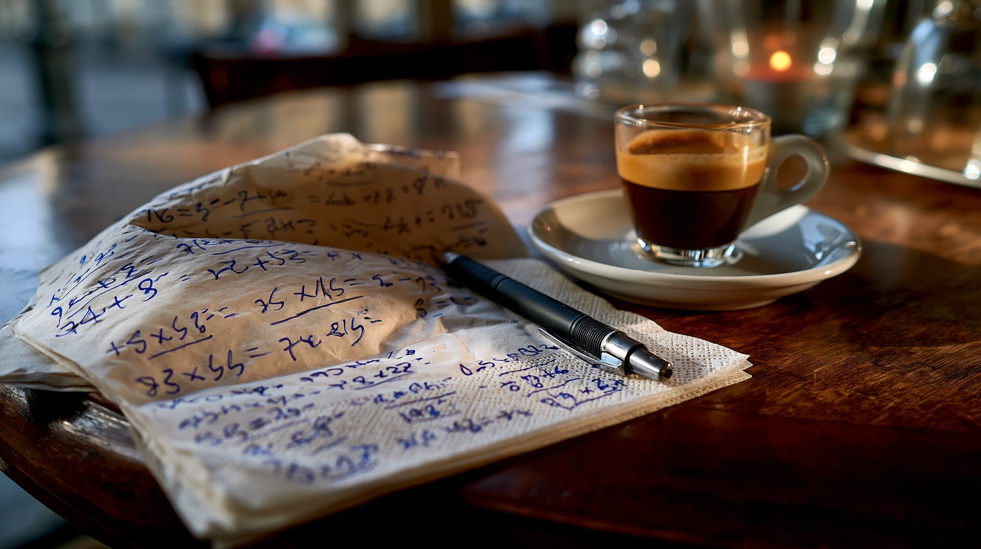 Servilleta de papel de un bar con operaciones matemáticas garabateadas a bolígrafo junto a una taza de café.
